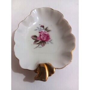 Vintage DEV Japan Porcelain Leaf Shaped Plate w/Roses and Gold Trim